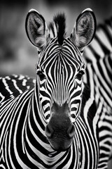 Naklejka premium Zebra black and white portrait, unique wild animal looking at the camera