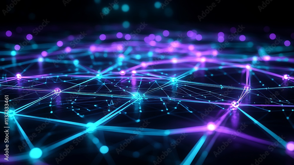 Poster vibrant abstract network with luminous nodes and connecting lines in a dark background
