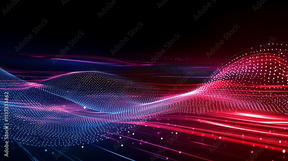 Poster vibrant abstract wave patterns with colorful light trails and dots on a dark background for modern d