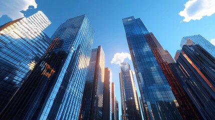 Captivating view of towering skyscrapers with stunning reflective glass exteriors against a vibrant blue sky, highlighting the beauty of modern urban architecture.