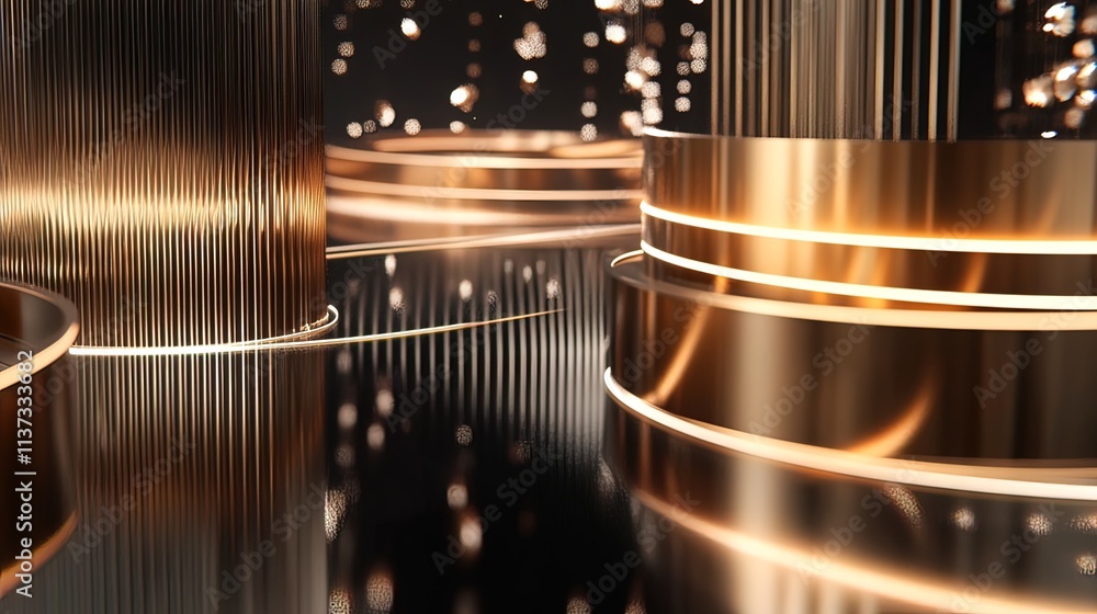 Poster abstract gold and bronze metallic geometric shapes with glowing lines and particles on dark backgrou