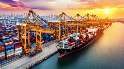 A bustling shipping port with containers and cranes at sunset.