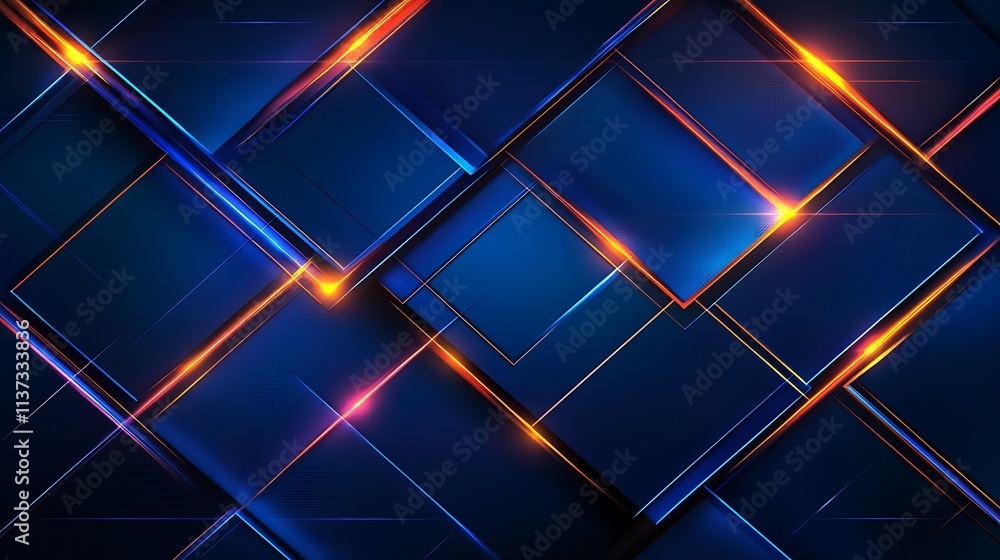 Poster vibrant geometric abstract background with dynamic lines and colorful light reflections on dark surf