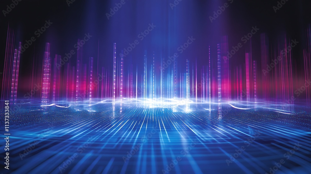Poster vibrant light waves and data flow creating a digital landscape with abstract colors and patterns