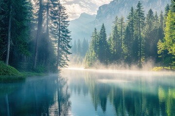 Serene lake surrounded by misty mountains and lush pine forests.