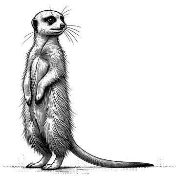 recommend clip art: A curious meerkat standing on its hind legs, looking around, line sketch engraving.