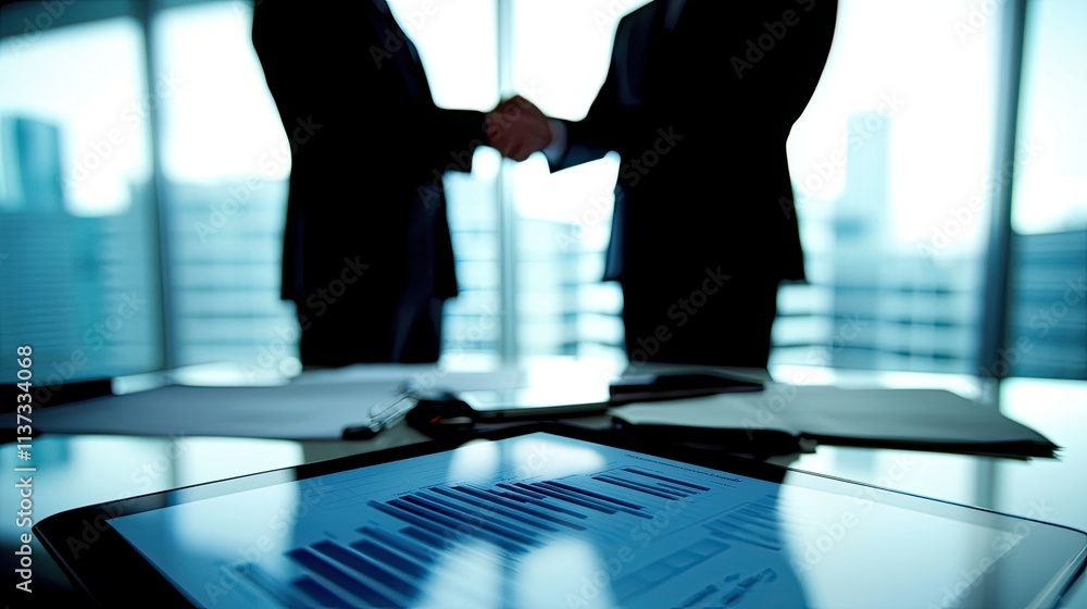 Poster two business professionals shake hands during a meeting, representing trust and collaboration in a p
