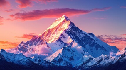 Experience the serene beauty of a majestic mountain landscape at sunrise, showcasing vibrant colors and dramatic peaks under a clear sky, inviting outdoor exploration.