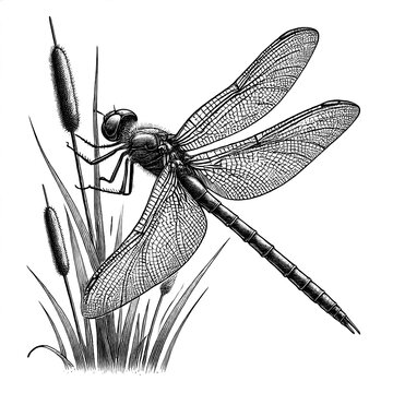 black and white dragonfly on reeds clip art preview