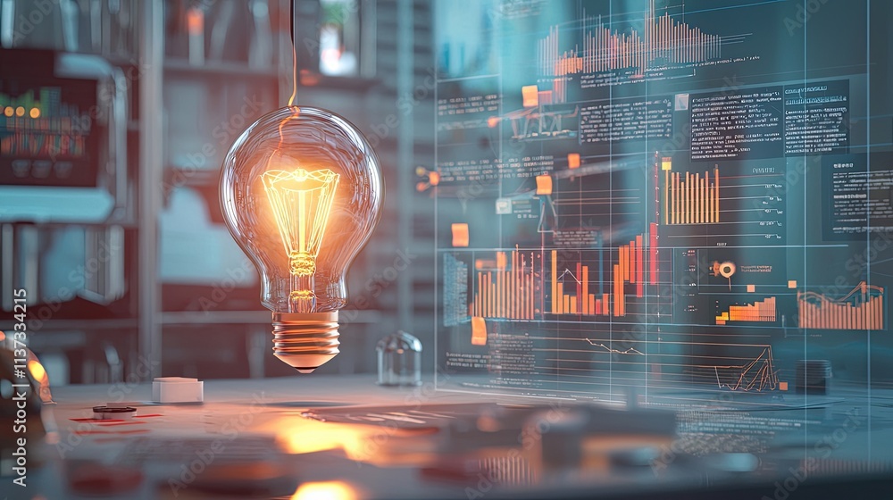 Poster A light bulb illuminates a creative space filled with various graphic elements and diagrams that symbolize ideas, innovation, and business strategies, perfect for use in
