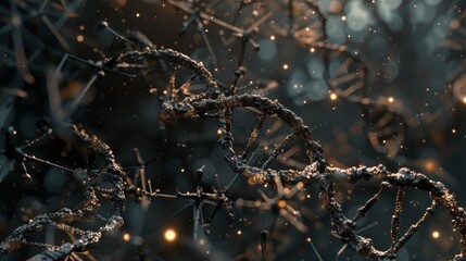 Close-up of intricate double helix structures representing ancient DNA molecules, highlighting the complexity and historical significance of genetic material, with copy space for text or design.	