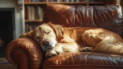 Obraz premium Golden retriever asleep on leather armchair in cozy room