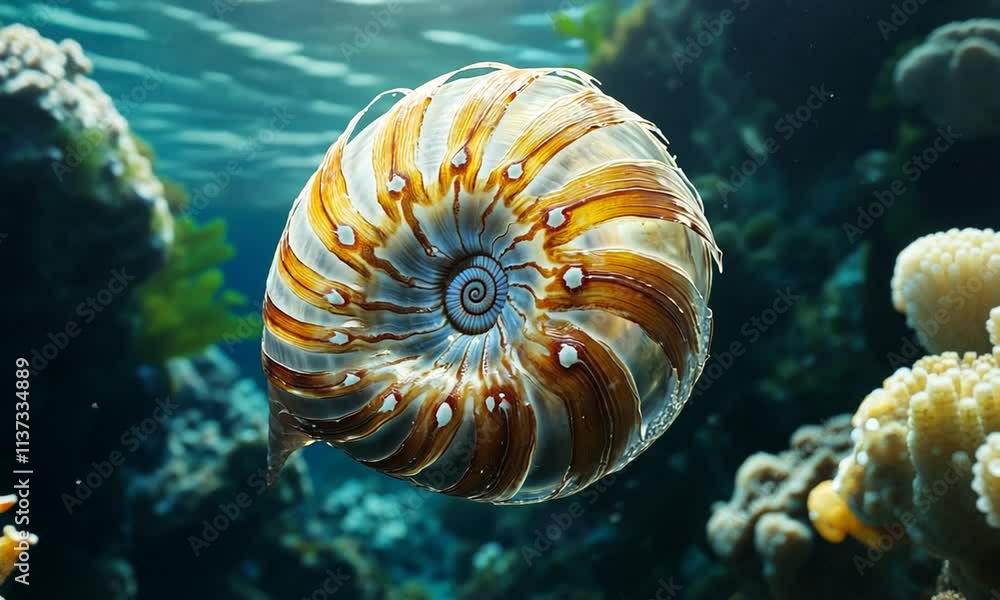 Poster a close-up view of a nautilus shell underwater, showcasing its intricate patterns and colors.
