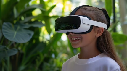 A young girl wearing VR glasses smiles and looks at the screen of her virtual reality device, which shows an outdoor scene with green plants in the background.