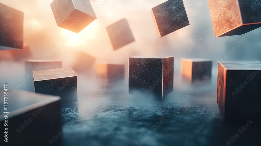 Poster abstract image of floating metallic cubes in a hazy, sunlit environment.