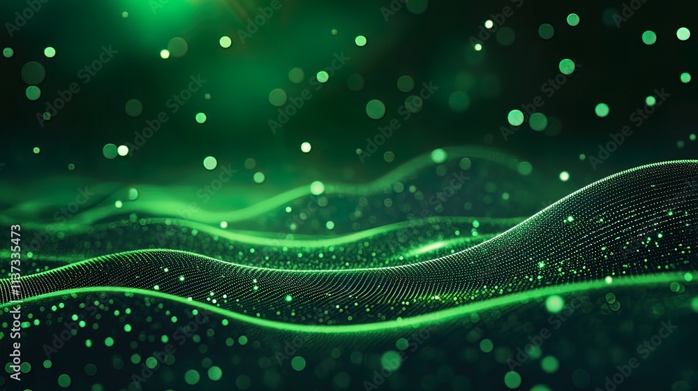 Poster abstract green wave particle background with glowing lights and bokeh effect.
