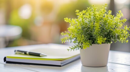 Healthy green plant on white table with small notebook and pen, symbolizing health advice and wellness tips, clean and focused image with copy space for text.