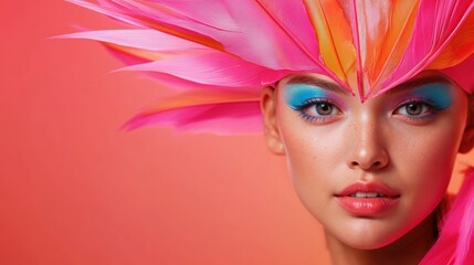 Fototapeta premium A woman with a pink feather headdress and blue eyes
