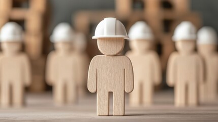 Wooden figures with hard hats, representing construction workers in a group.