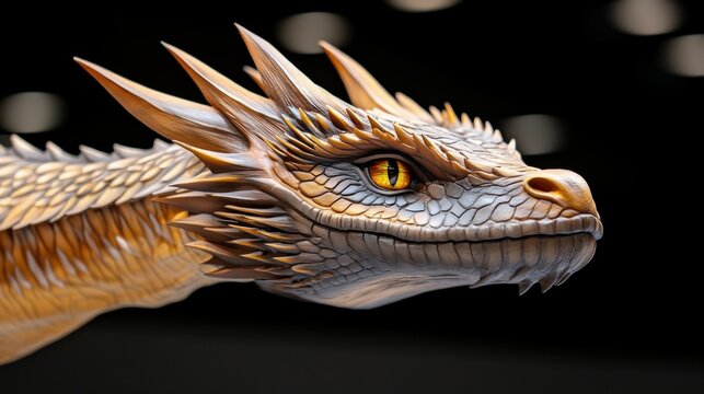 A gold and white dragon with a yellow eye