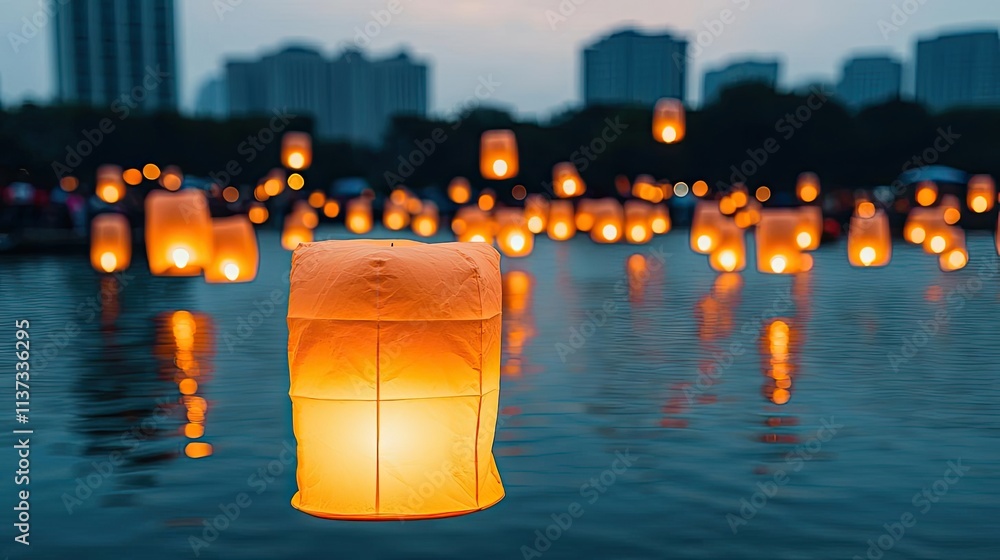 Poster chinese lanterns concept. floating lanterns illuminate the water at dusk, creating a serene and magi