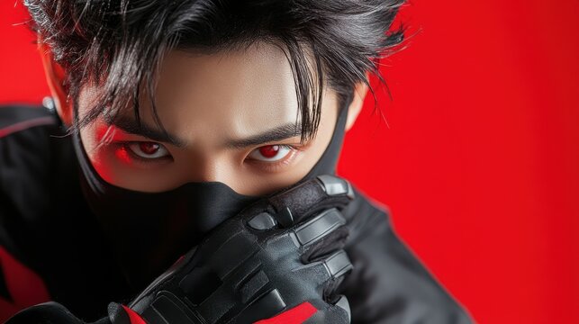 A man with a mask on his face and red eyes