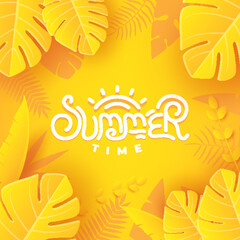 Summer background with yellow leaves. Summer background in paper craft style. paper cut and craft style. vector.	