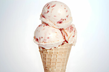 Three Scoops of Strawberry Ice Cream in a Waffle Cone Against a Light Background