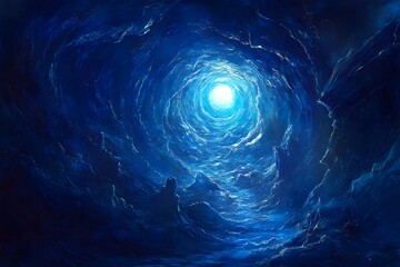 Naklejka premium Illustration: Mystical Blue Tunnel of Light, Fantasy Artwork