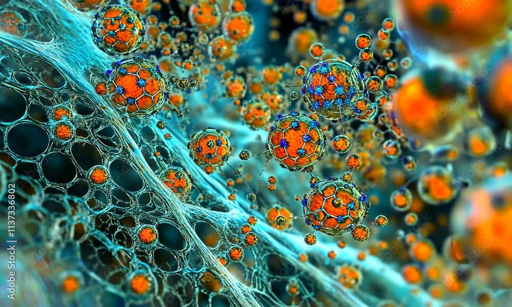 Poster colorful representation of microscopic structures and cells in a scientific context.