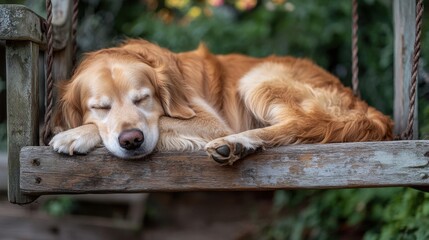 Senior golden retriever peacefully sleeping on weathered porch swing