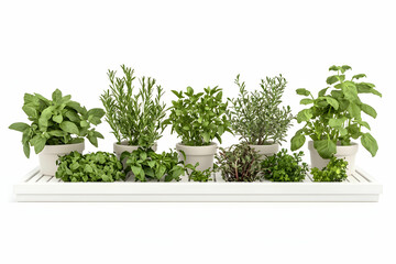 Fototapeta premium Fresh herbs in white pots on a horizontal planter showcasing vibrant green leaves for culinary and decorative use