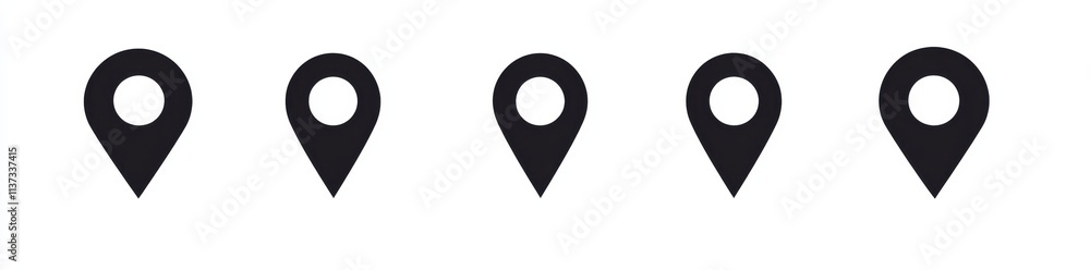 Poster five black location pins arranged in a row, symbolizing navigation or mapping.