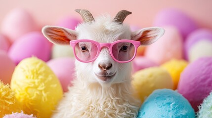 Whimsical Easter card featuring a white goat wearing pink sunglasses, creating a lighthearted holiday theme.