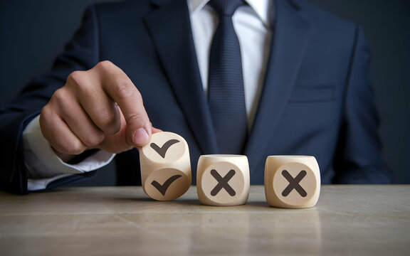The Right Choice: A businessman in a suit, confidently chooses the right path by rolling a wooden dice with a checkmark, emphasizing decision-making and success.