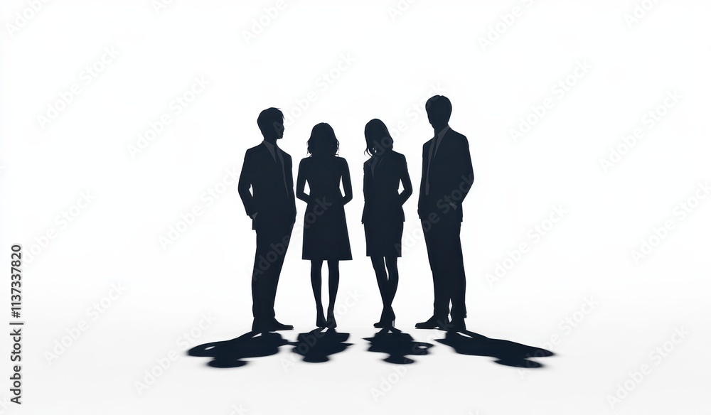 Poster silhouettes of four people standing together against a bright background, creating a striking visual