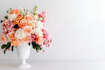 Fototapeta premium Stunning Floral Arrangement with Pink and White Roses in Elegant Vase on a Clean White Background