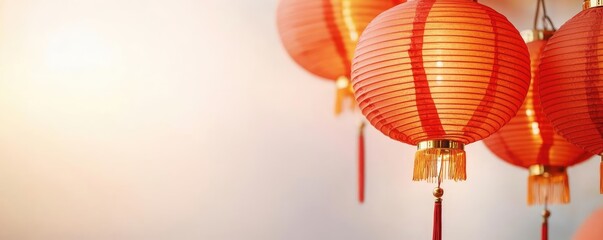 Obraz premium Chinese lanterns concept. Beautiful red lanterns hanging delicately, symbolizing celebration and tradition.