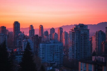 Fototapeta premium City skyline at sunset with vibrant colors and tall buildings.