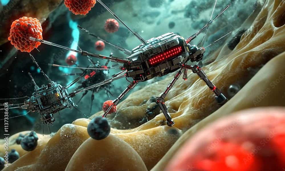 Poster a futuristic scene depicting robotic entities exploring a microscopic environment.