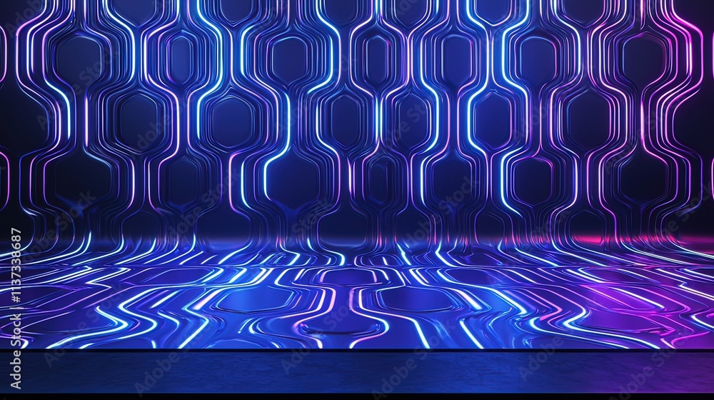 Poster abstract neon light pattern background with glowing lines and reflective floor.