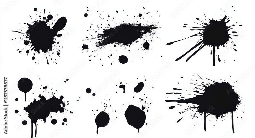 Poster a collection of black ink splashes and stains in various shapes and sizes, ideal for artistic and de