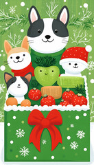 Cute dogs in a Christmas gift box with fruits.