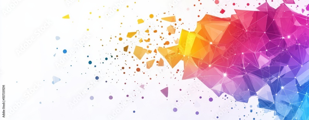 Poster a vibrant abstract design featuring colorful polygonal shapes dispersing into a radiant gradient bac