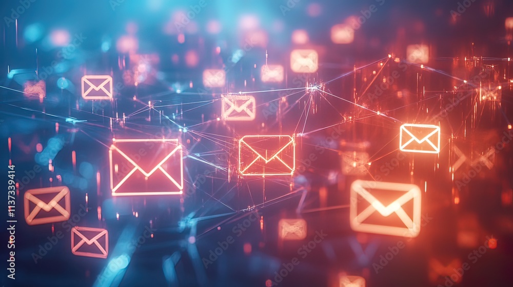 Poster abstract network of glowing email icons representing digital communication and connectivity.