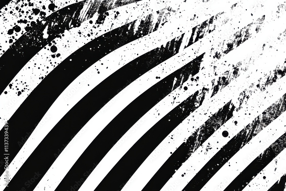 Poster abstract black and white design featuring curved stripes with paint splatter effects creating a dyna