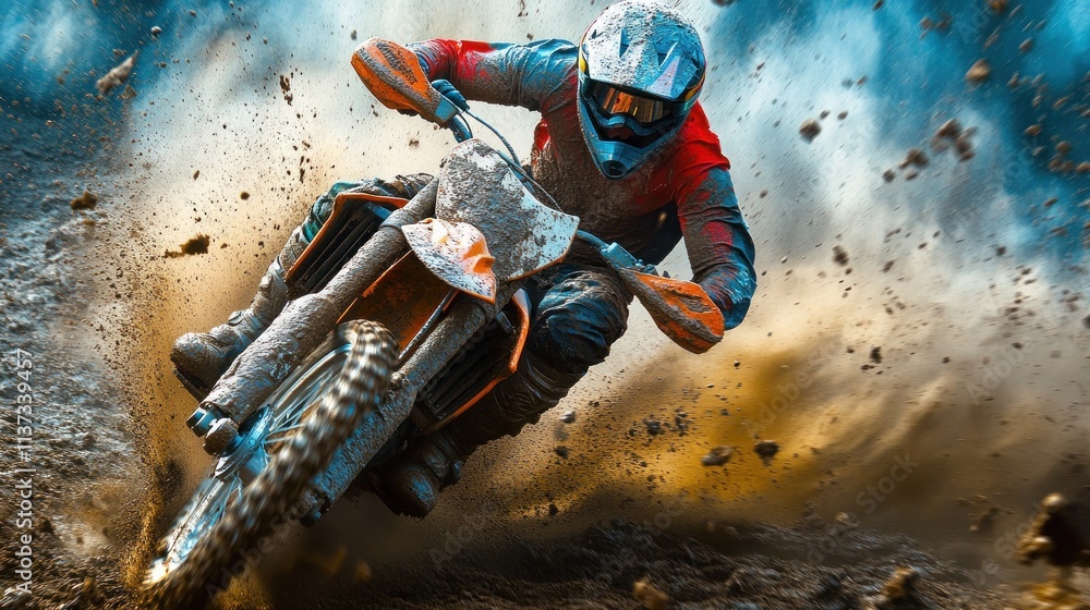 Poster a motocross rider navigates through dirt, creating a dynamic scene of speed and skill.