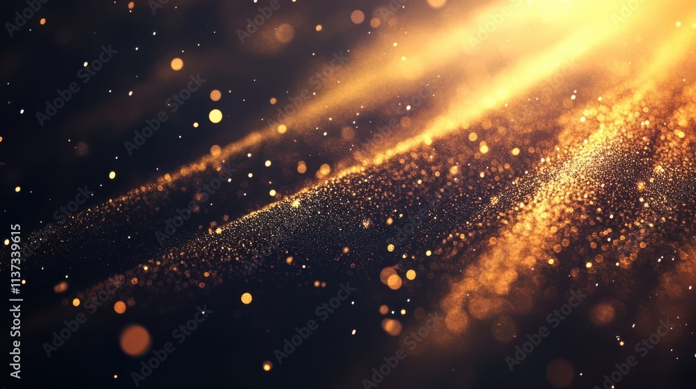 Poster a mesmerizing display of golden particles shimmering against a dark background, evoking a sense of w