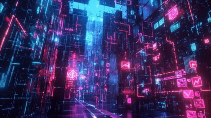 Naklejka premium A futuristic digital cityscape with neon lights and data streams.