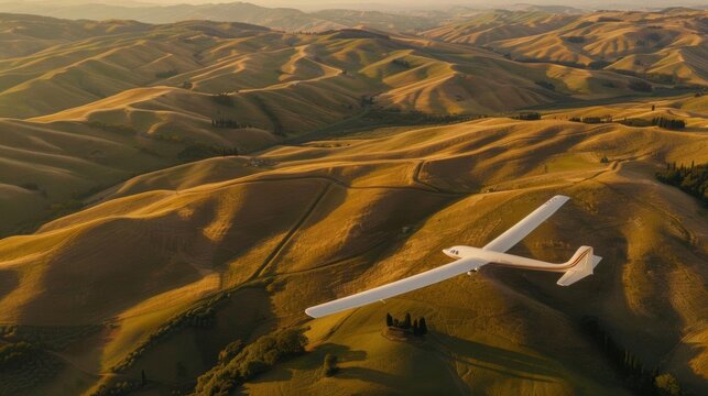 A glider soaring over rolling hills during golden hour. - Powered by Adobe